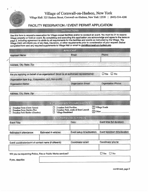First page of the Facility Reservation and Event Permit Application