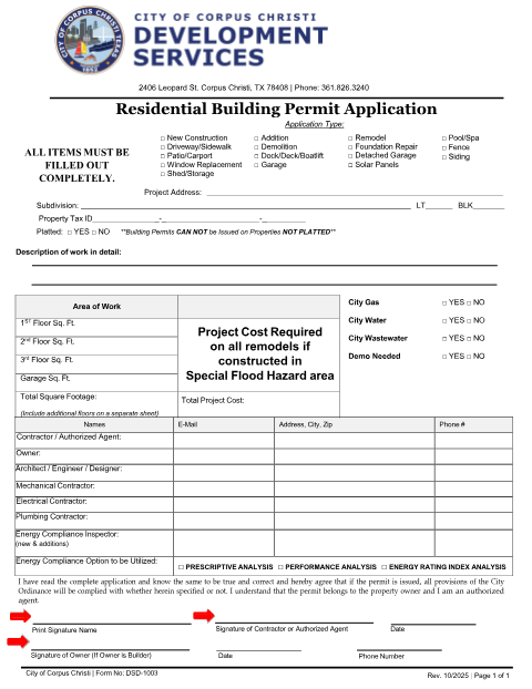 First page of the Residential Building Permit Application