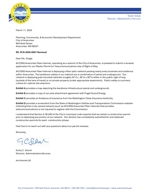 First page of the Master Permit for Telecommunications Use of Right of Way Renewal