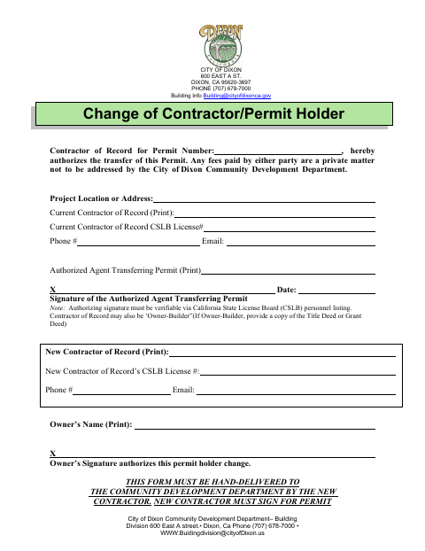 First page of the Change of Contractor/Permit Holder