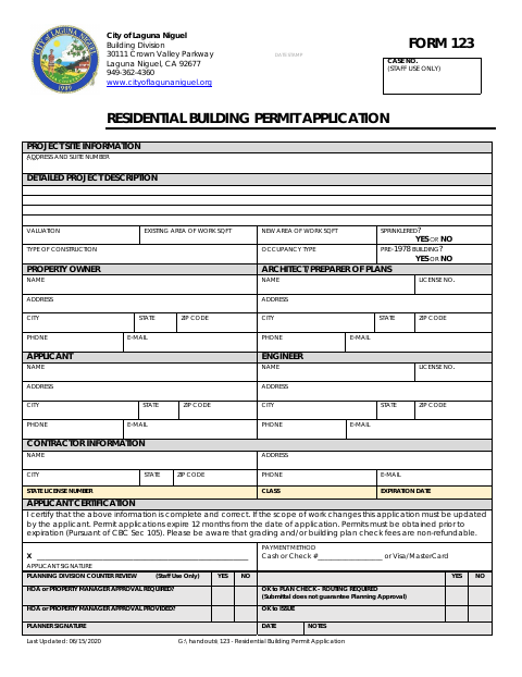 First page of the Residential Building Permit Application