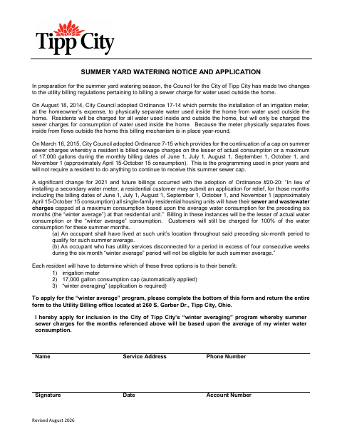 First page of the Summer Yard Watering Notice and Application