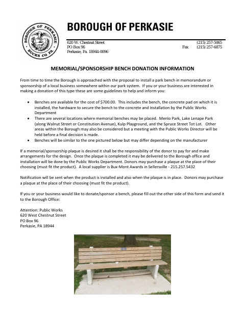 First page of the Memorial Bench Donation Form