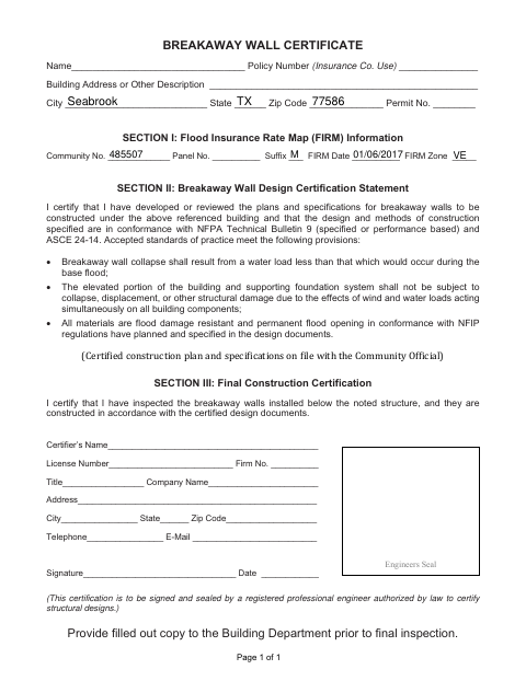First page of the Breakaway Wall Certificate