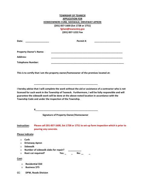 First page of the Homeowners Curb, Sidewalk, Driveway-Apron Application