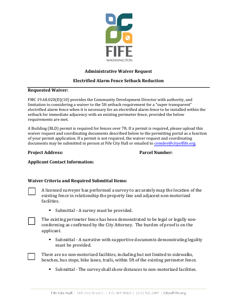 First page of the Administrative Waiver Request Electrified Alarm Fence Setback Reduction