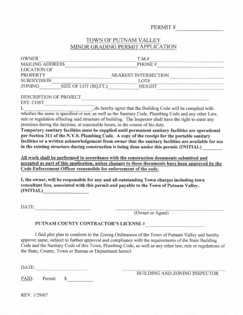 First page of the Minor Grading Permit Application