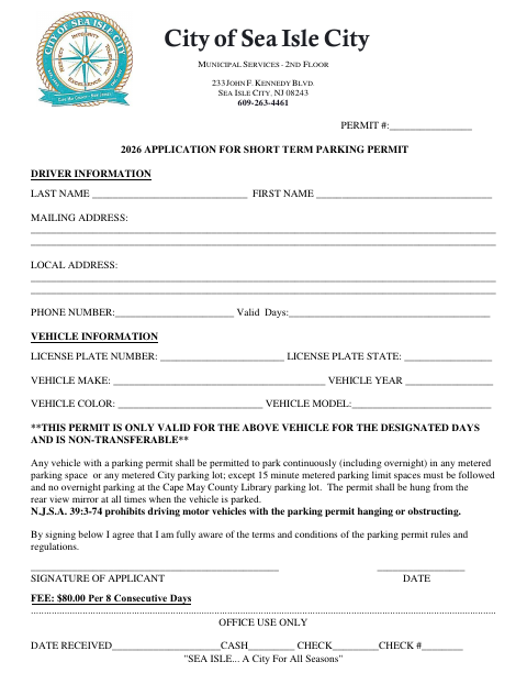 First page of the Application For Short Term Parking Permit