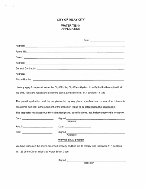 First page of the Water Tie-In Application
