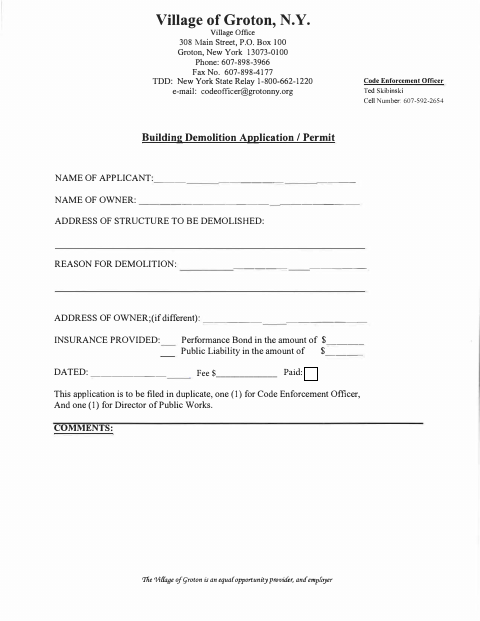 First page of the Building Demolition Application / Permit
