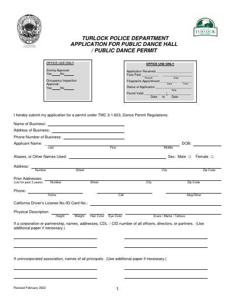 First page of the Application for Public Dance Hall / Public Dance Permit