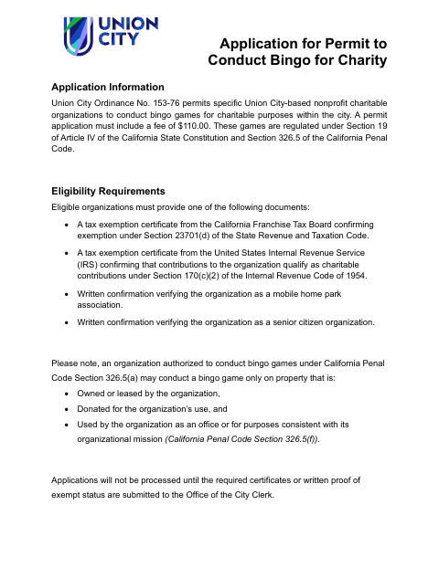 First page of the Application for Permit to Conduct Bingo for Charity