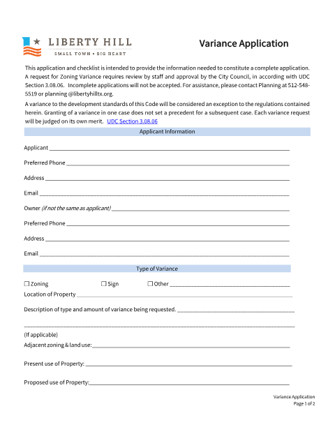 First page of the Variance Application