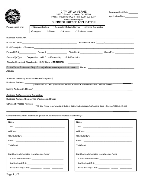 First page of the Business License Application