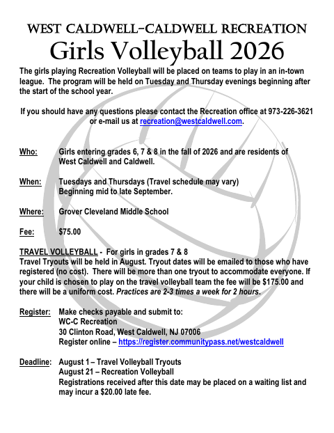 First page of the Girls Volleyball Registration