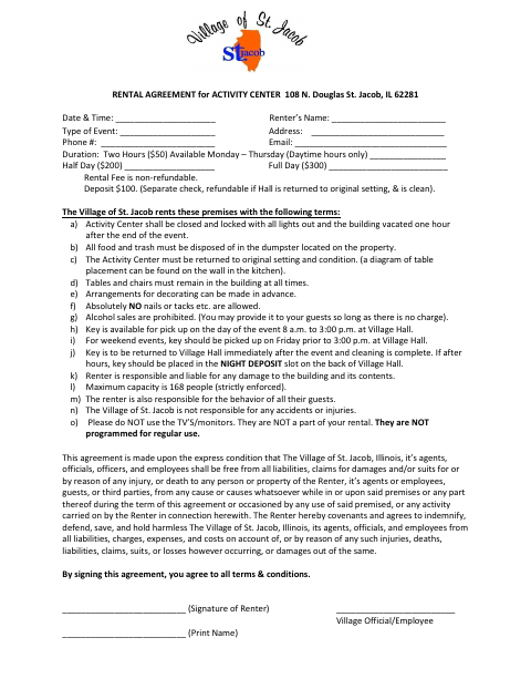 First page of the Rental Agreement for Activity Center