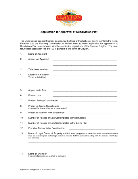 First page of the Application for Approval of Subdivision Plot