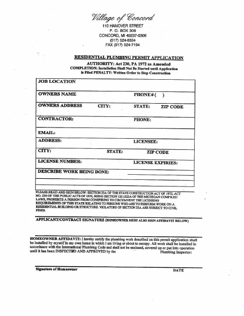 First page of the Residential Plumbing Permit Application