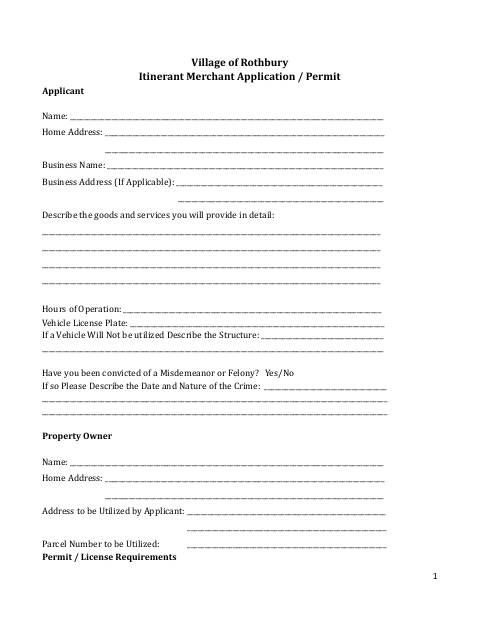 First page of the Itinerant Merchant Application / Permit
