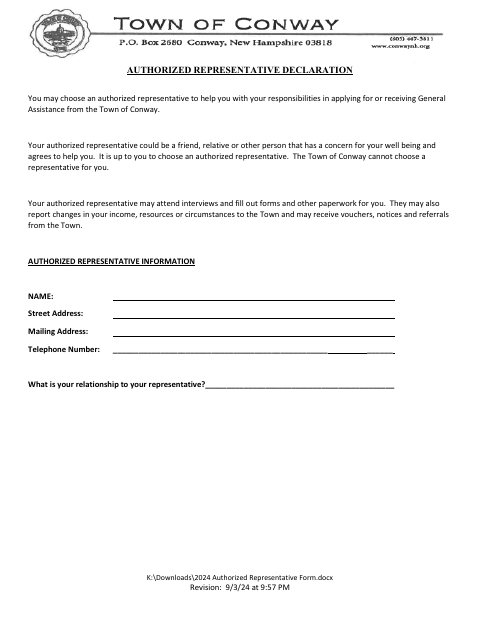First page of the Authorized Representative Declaration