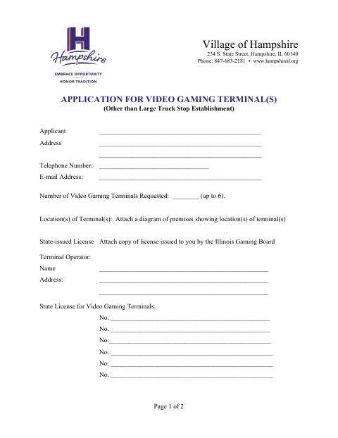 First page of the Application for Video Gaming Terminals (Other Than Large Truck Stop Establishment)