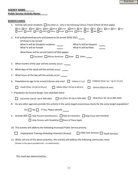 First page of the Public Service Activity Application