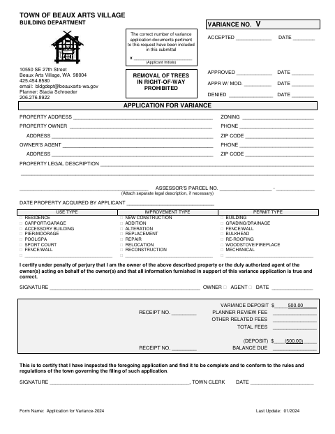 First page of the Application for Variance