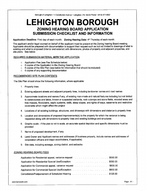 First page of the Zoning Hearing Board Application