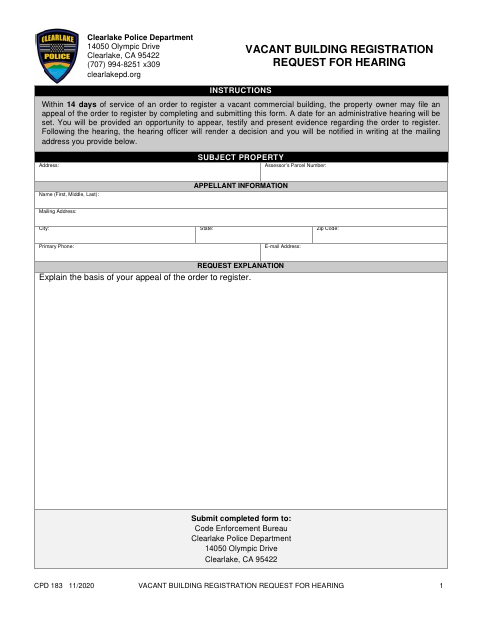 First page of the Vacant Building Registration Request For Hearing