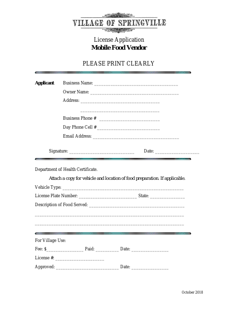First page of the Mobile Food Vendor License Application