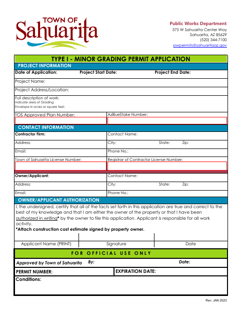 First page of the Type I - Minor Grading Permit Application