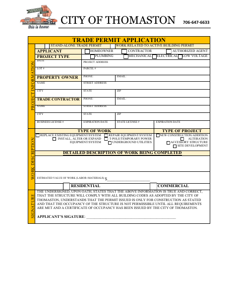 First page of the Trade Permit Application