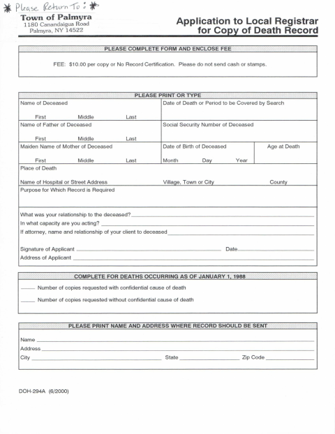 First page of the Application to Local Registrar for Copy of Death Record