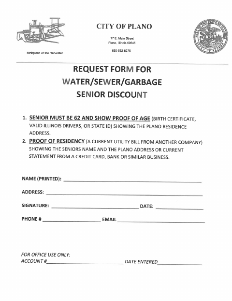 First page of the Water, Sewer, and Garbage Senior Discount Request Form