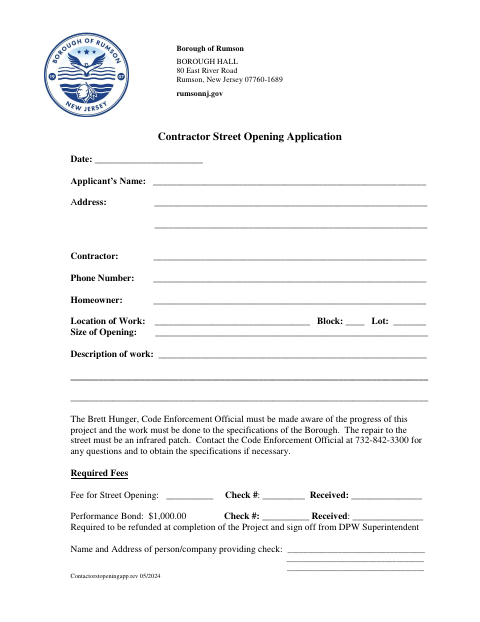 First page of the Contractor Street Opening Application