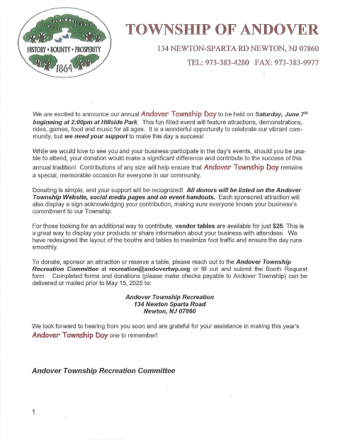 First page of the Andover Township Day Business Letter and Booth Request