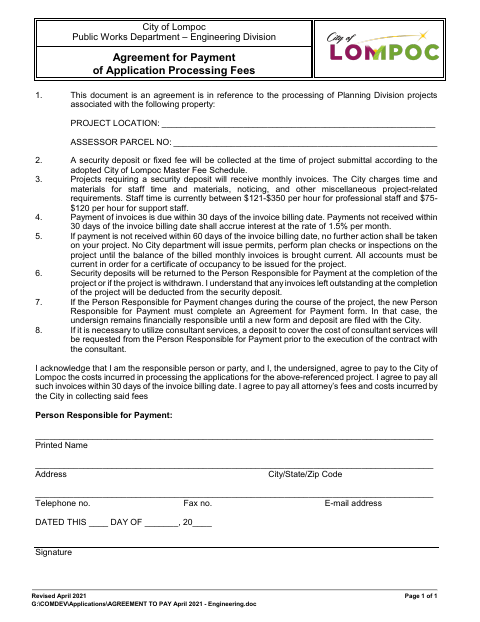 First page of the Agreement for Payment of Application Processing Fees
