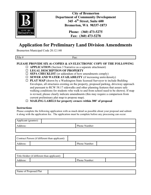 First page of the Application for Preliminary Land Division Amendments