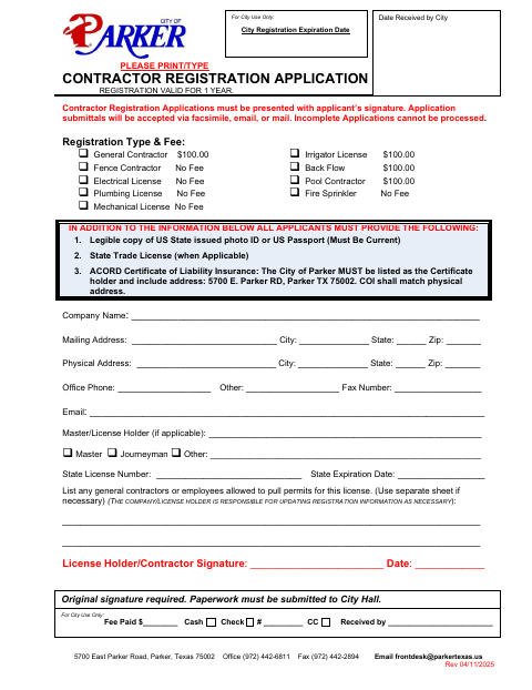 First page of the Contractor Registration Application