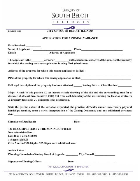 First page of the Application for a Zoning Variance