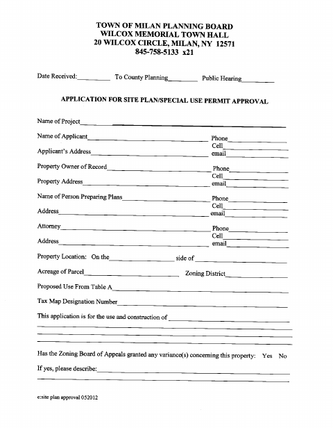 First page of the Application for Site Plan and Special Use Permit Approval