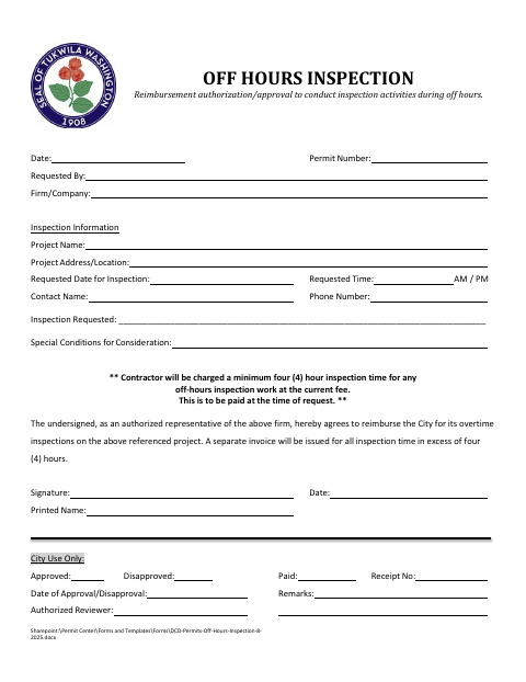 First page of the Off Hours Inspection