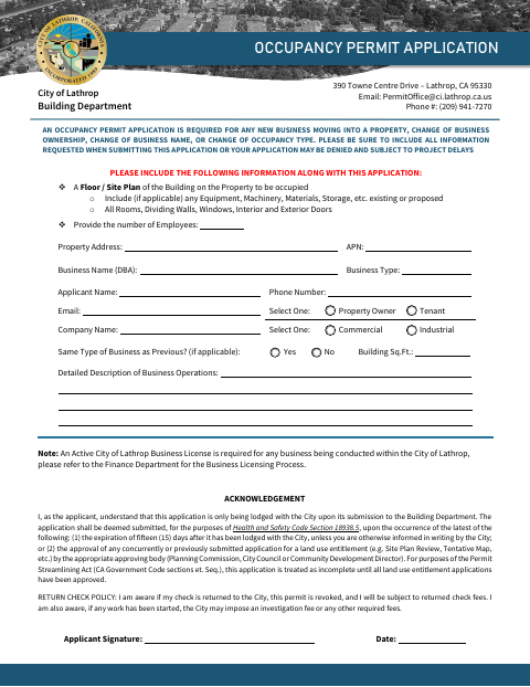 First page of the Occupancy Permit Application