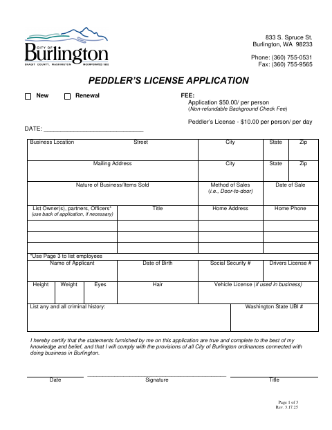 First page of the Peddler’s License Application