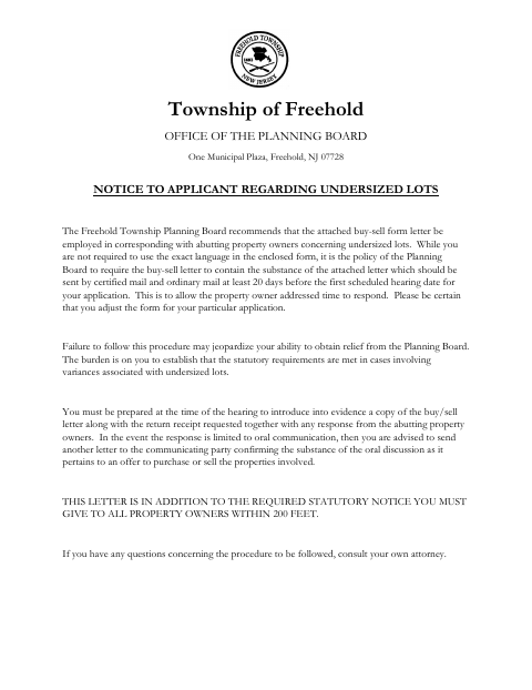 First page of the Notice to Applicant Regarding Undersized Lots