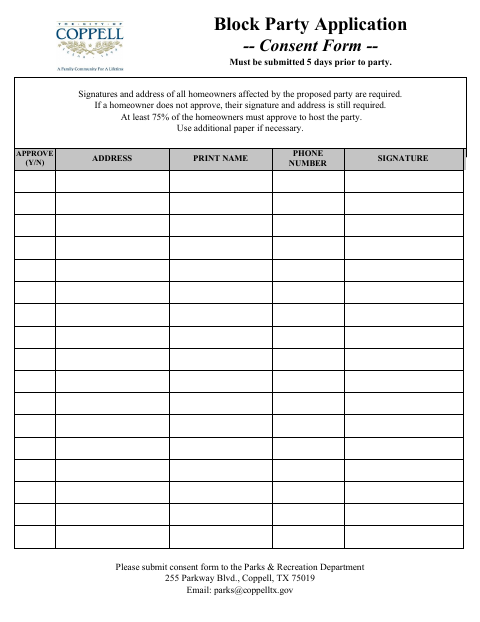 First page of the Block Party Application – Consent Form