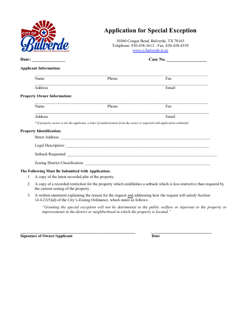 First page of the Application for Special Exception