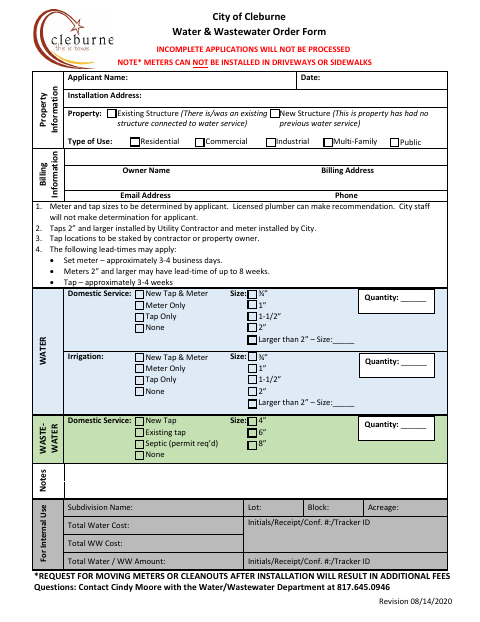 First page of the Water and Wastewater Order Form