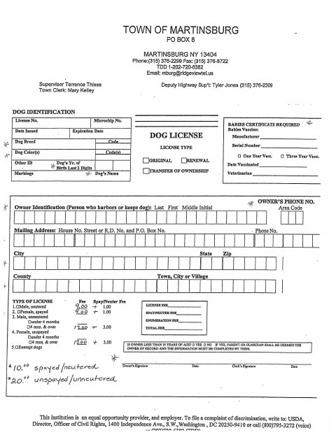 First page of the Dog License Application