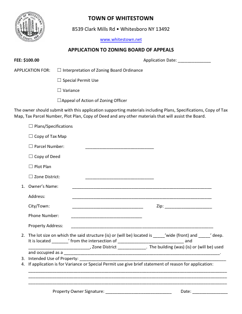 First page of the Zoning Board of Appeals Application